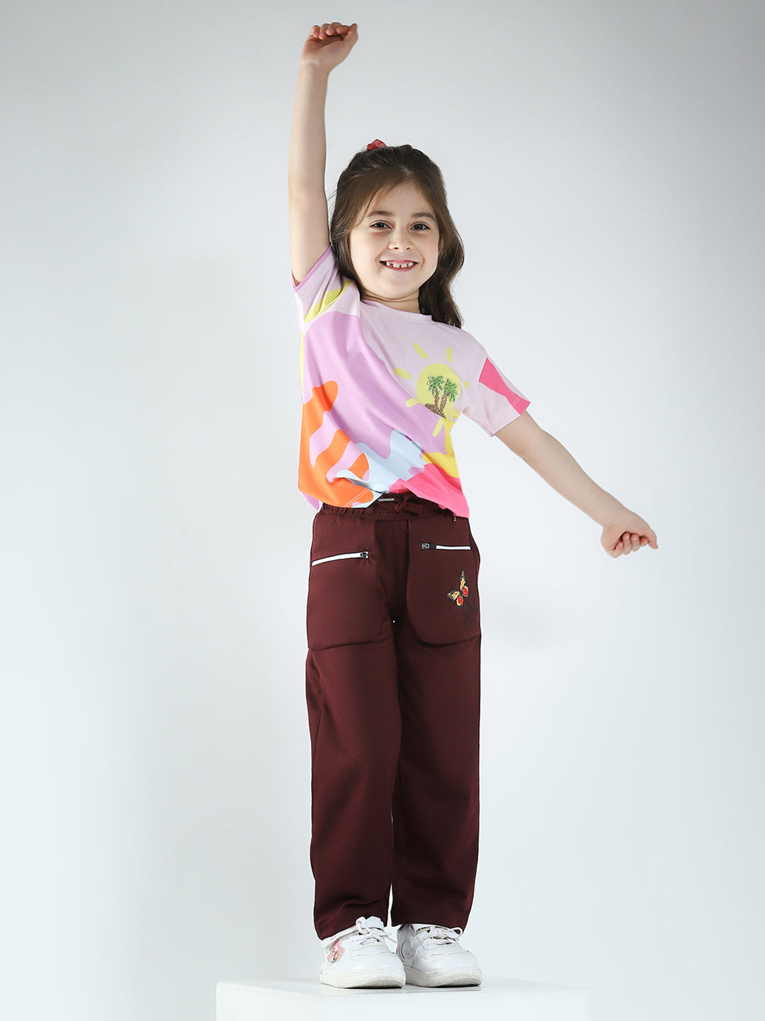 Girls Pink Printed Round Neck Half Sleeve Top