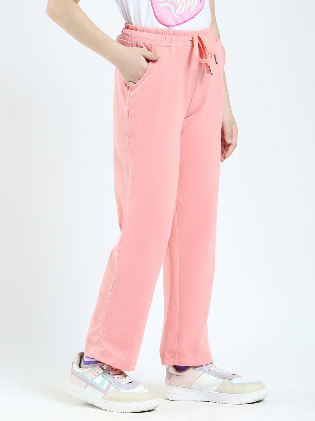 Girls Peach Solid Regular Fit Lower