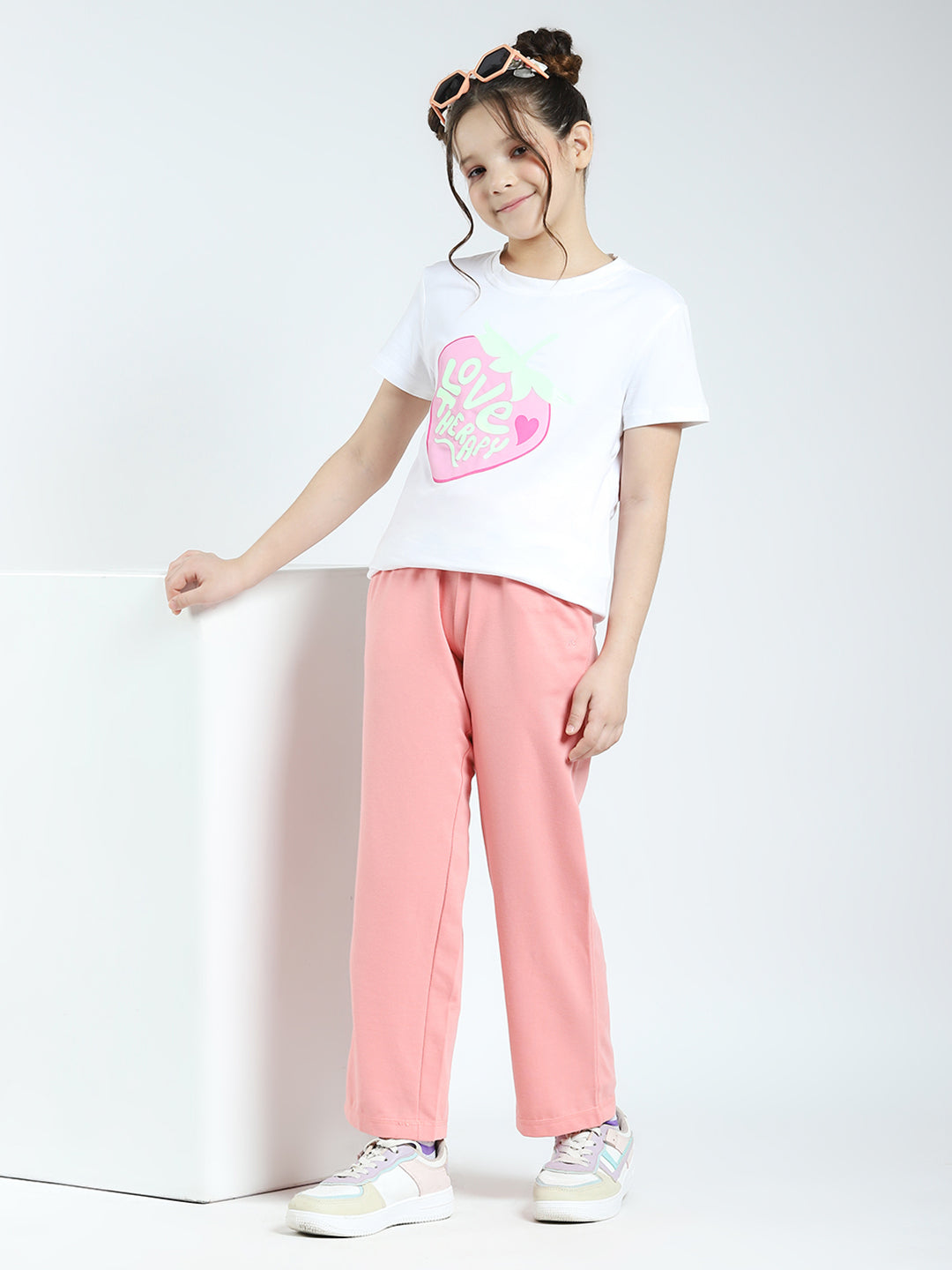 Girls Peach Solid Regular Fit Lower