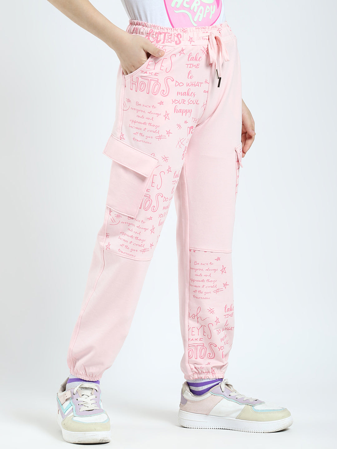 Girls Pink Printed Regular Fit Lower