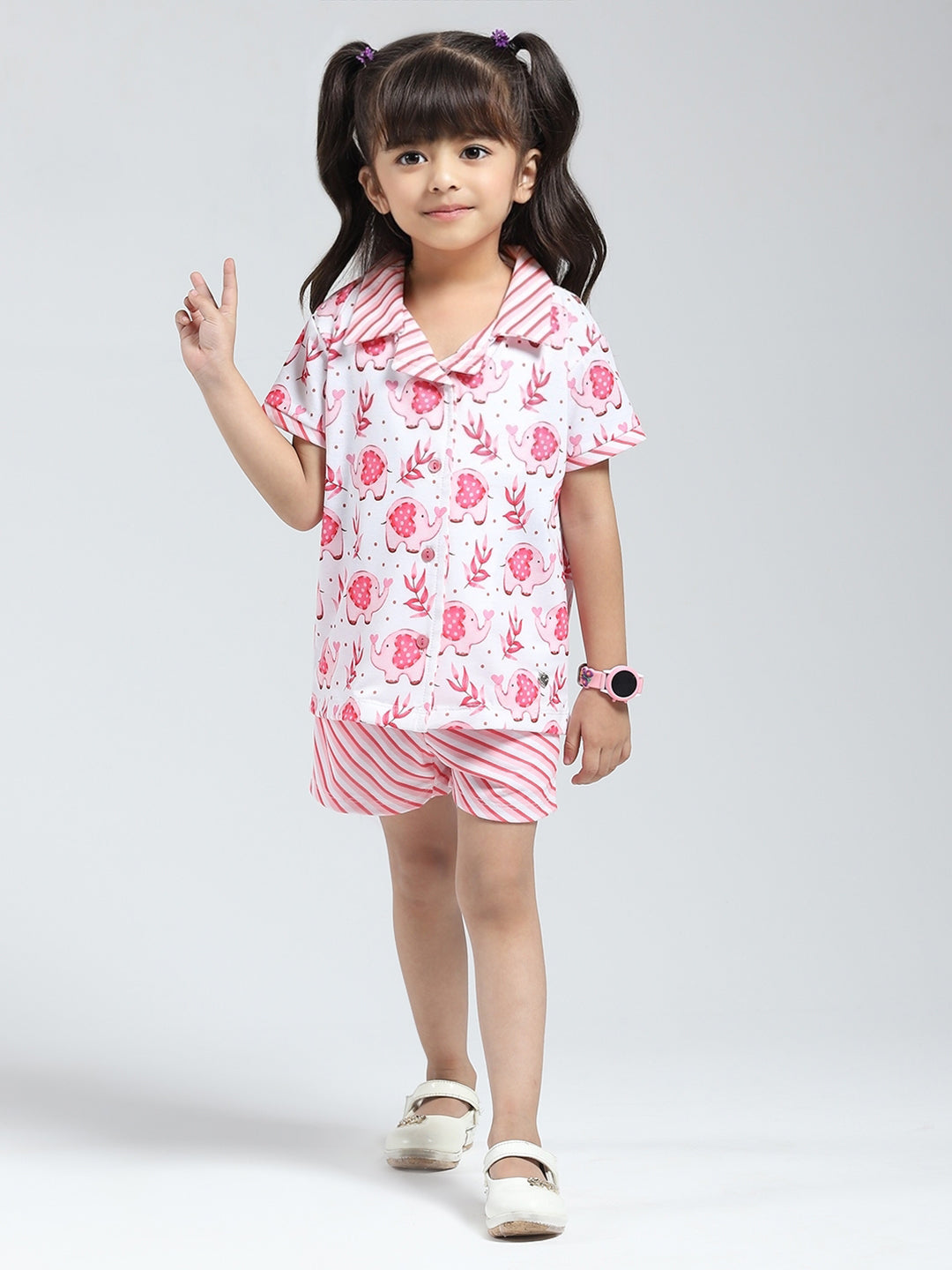 Girls Pink Printed Collar Half Sleeve Shorts Set