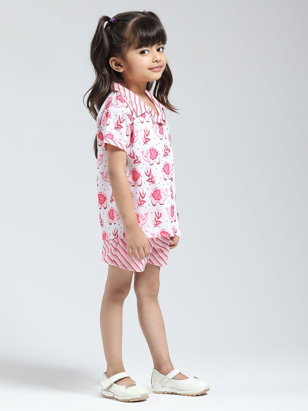 Girls Pink Printed Collar Half Sleeve Shorts Set