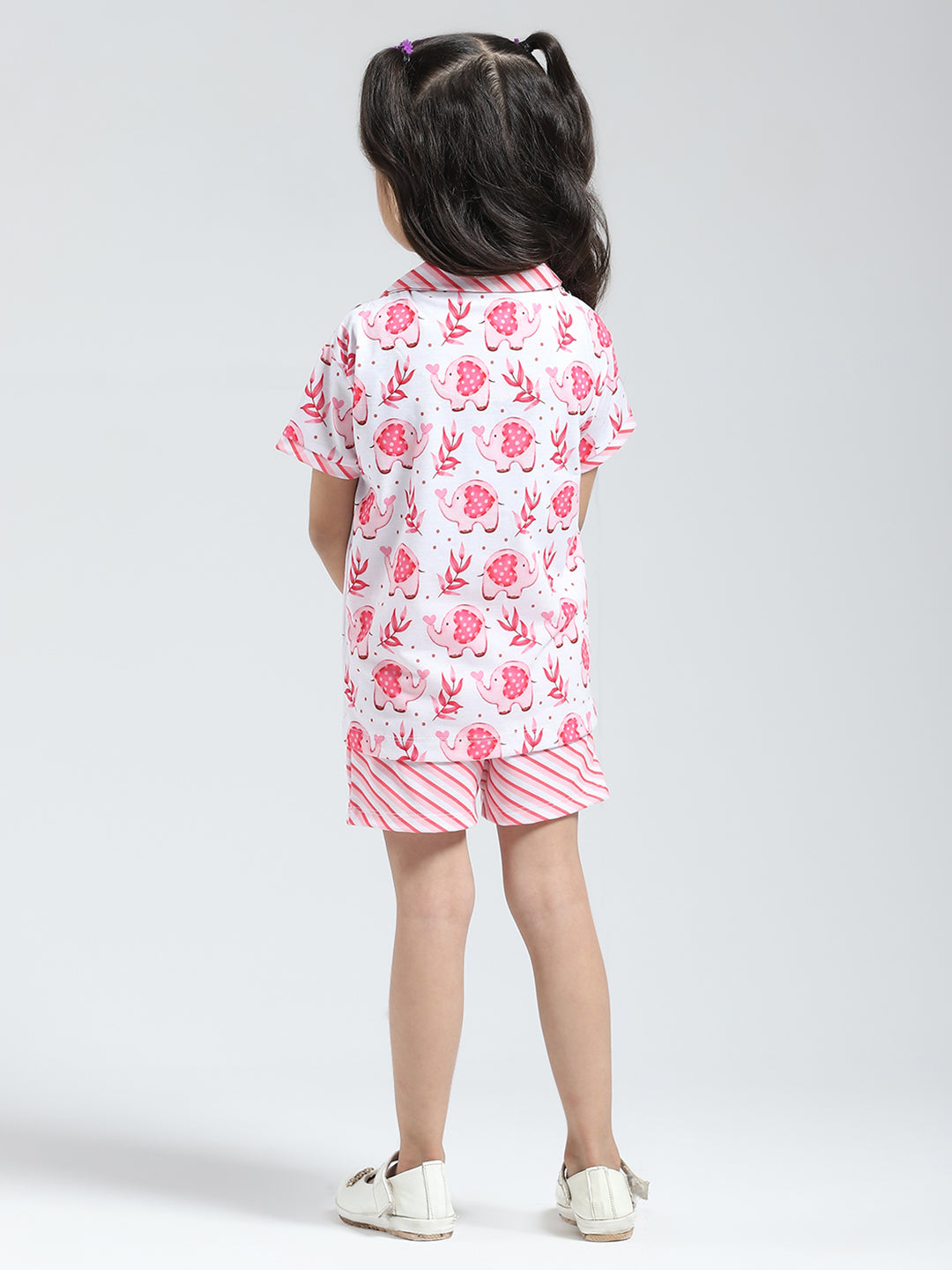 Girls Pink Printed Collar Half Sleeve Shorts Set