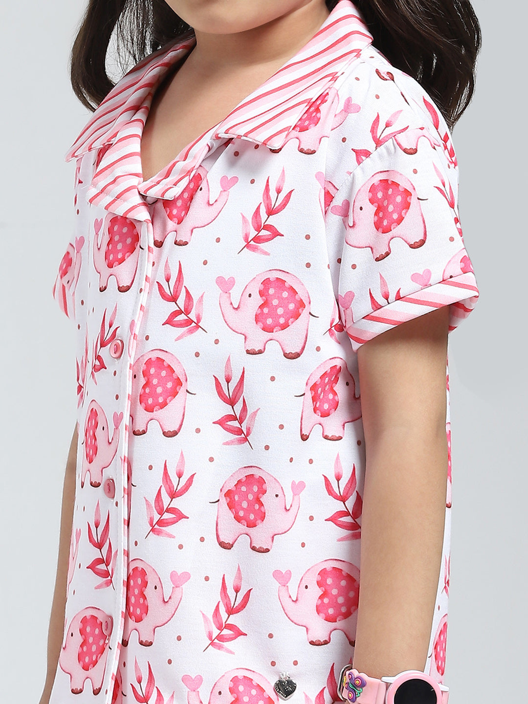 Girls Pink Printed Collar Half Sleeve Shorts Set