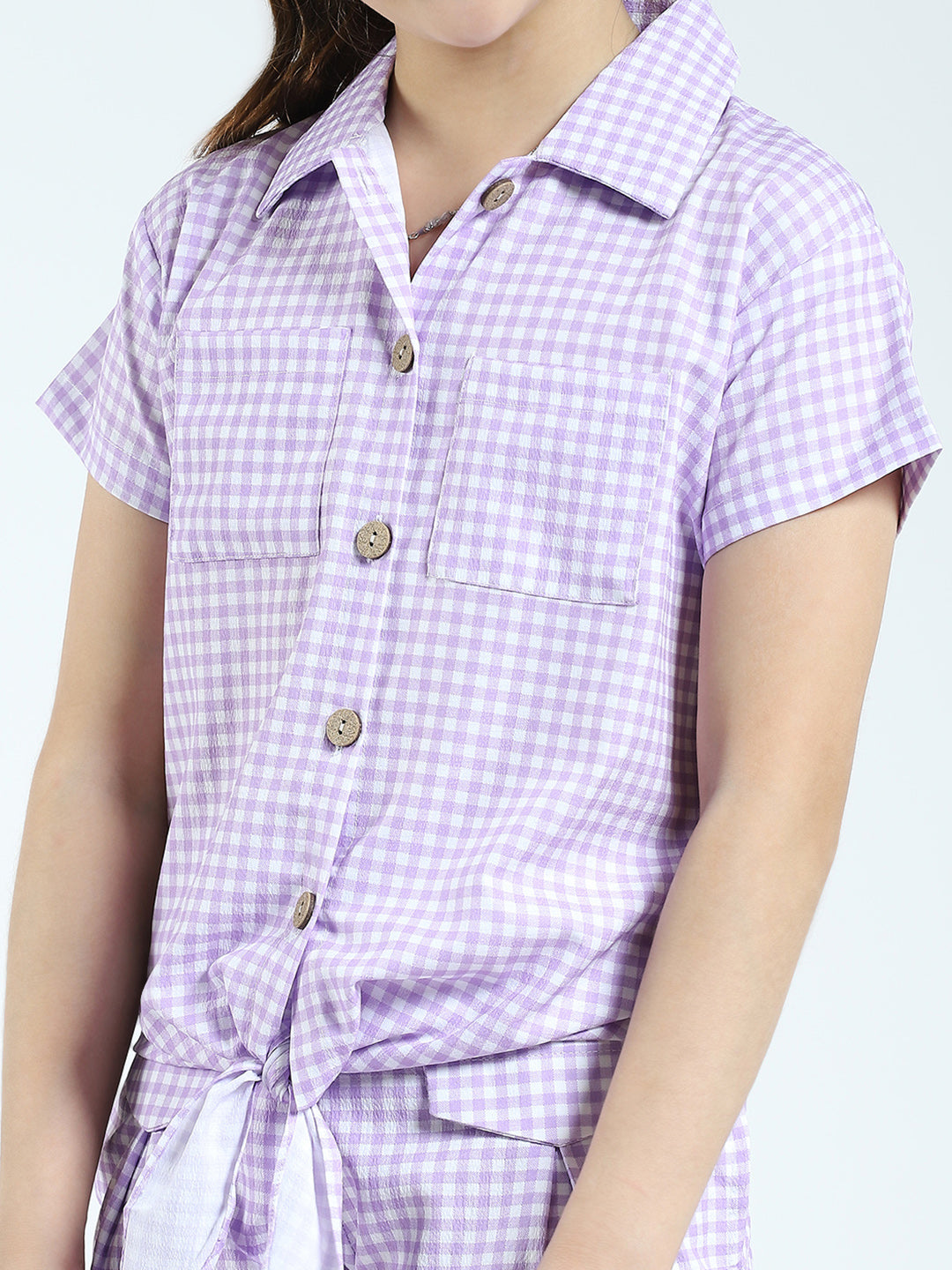Girls Purple Check Collar Half Sleeve Cords Set