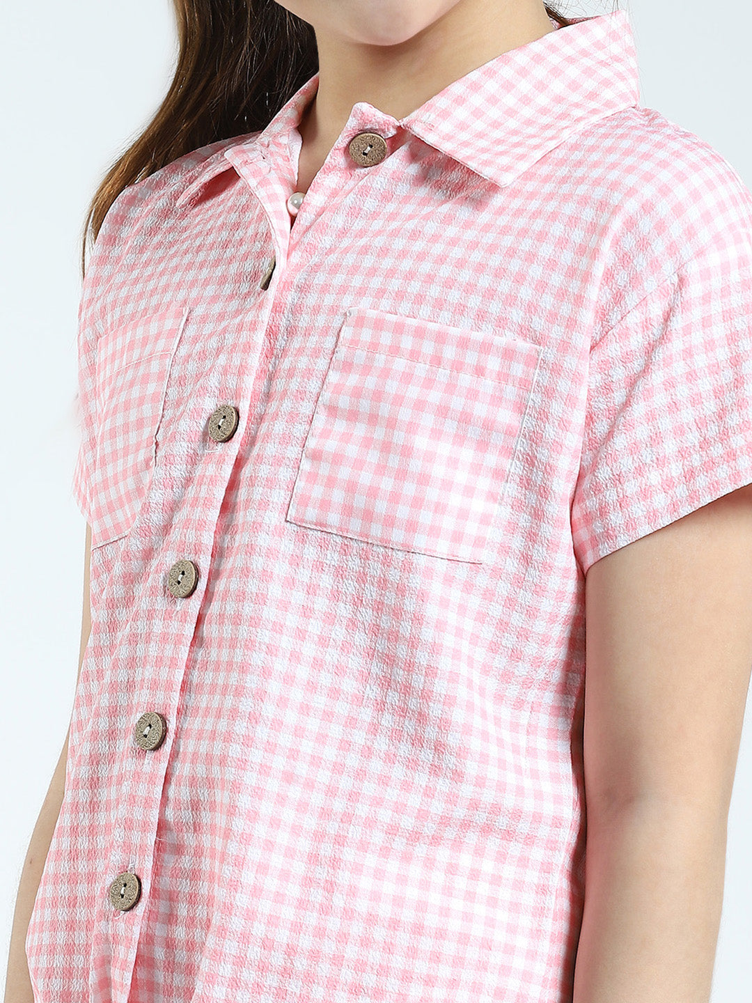 Girls Pink Check Collar Half Sleeve Cords Set