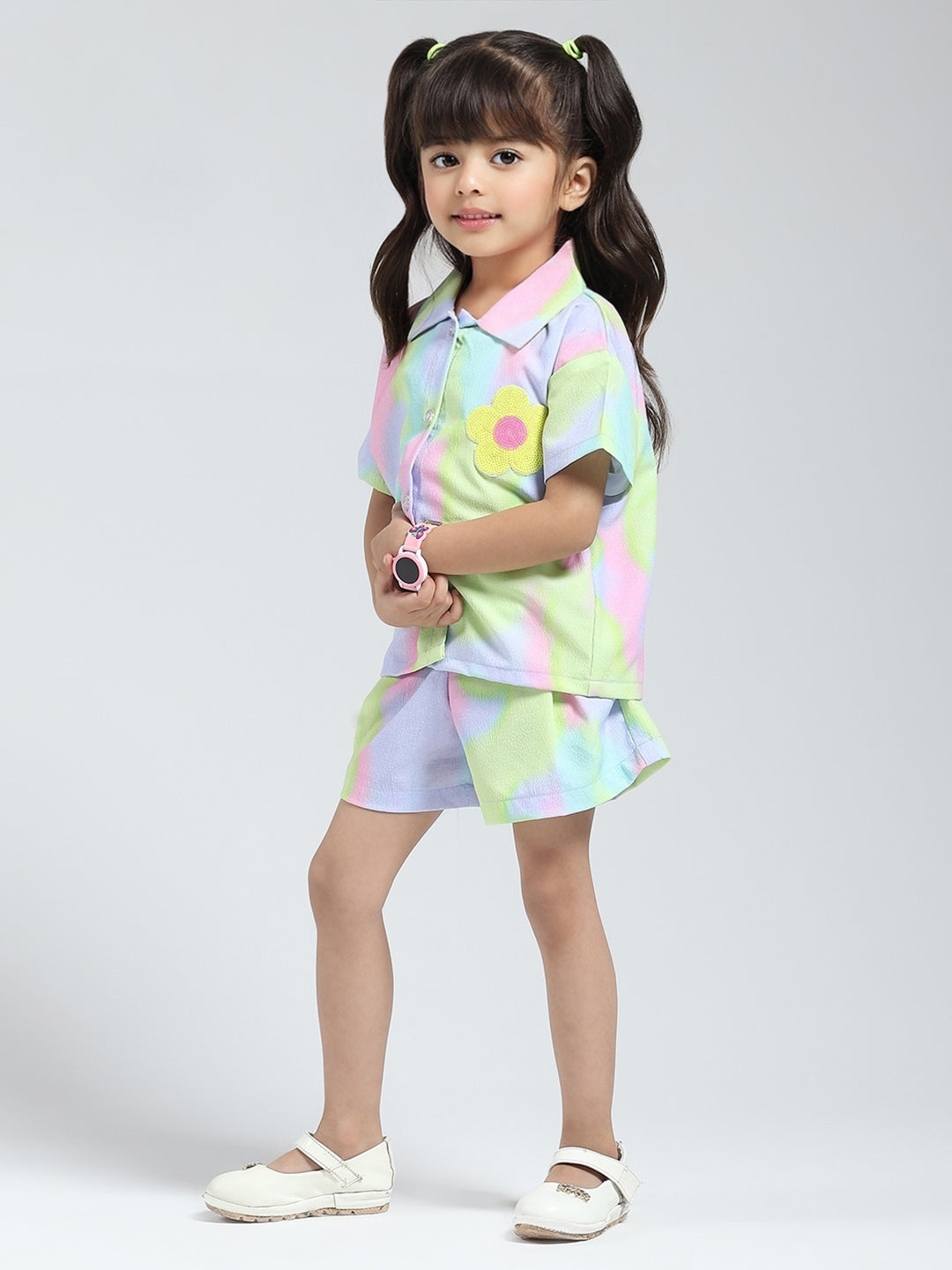 Girls Purple Printed Collar Half Sleeve Cords Set