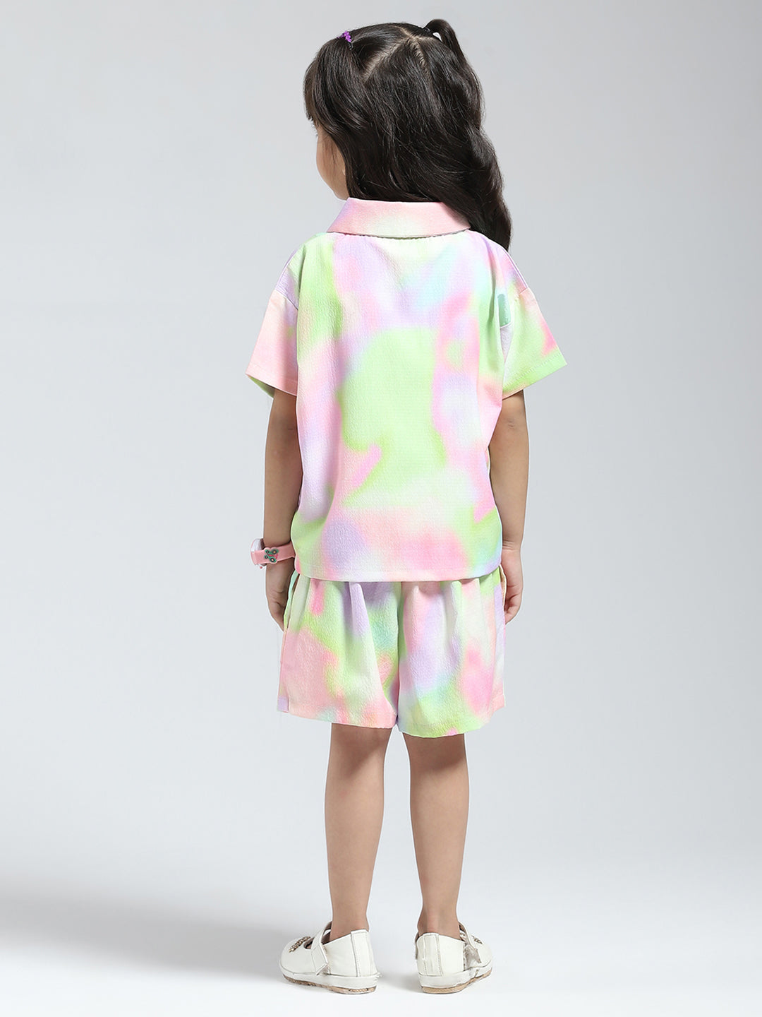 Girls Green Printed Collar Half Sleeve Cords Set