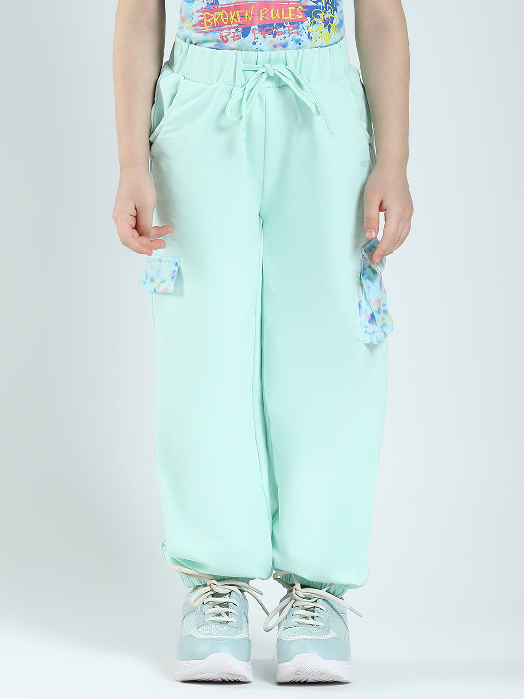 Girls Sea Green Printed Round Neck Half Sleeve Lower Set