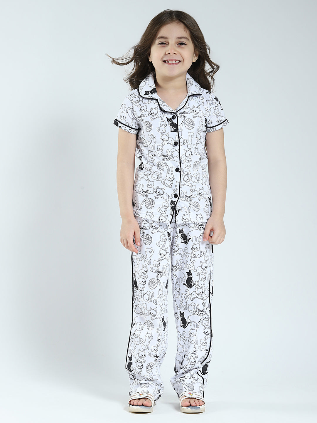 Girls White Printed Collar Half Sleeve Lower Set