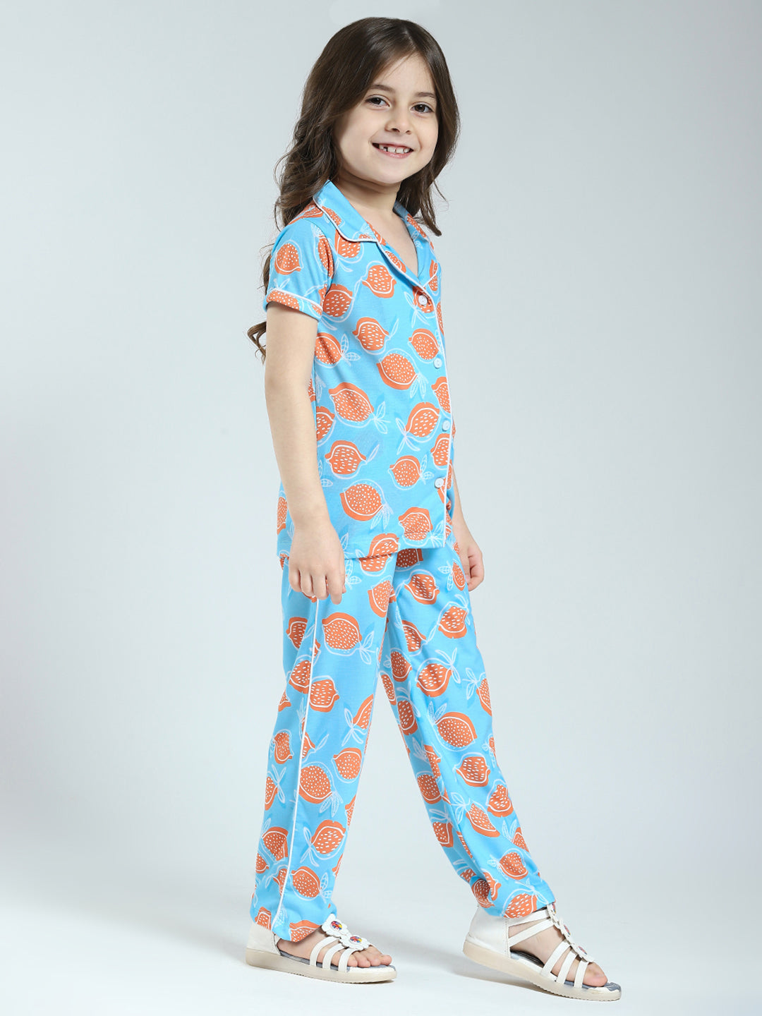 Girls Blue Printed Collar Half Sleeve Lower Set