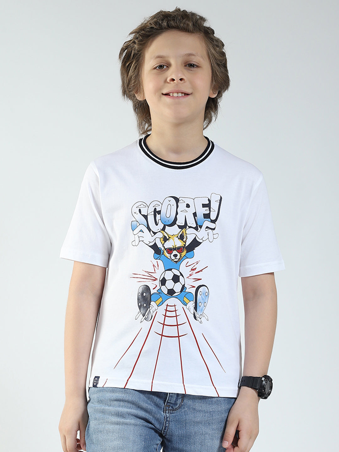 Boys White Printed Round Neck Half Sleeve T-Shirt
