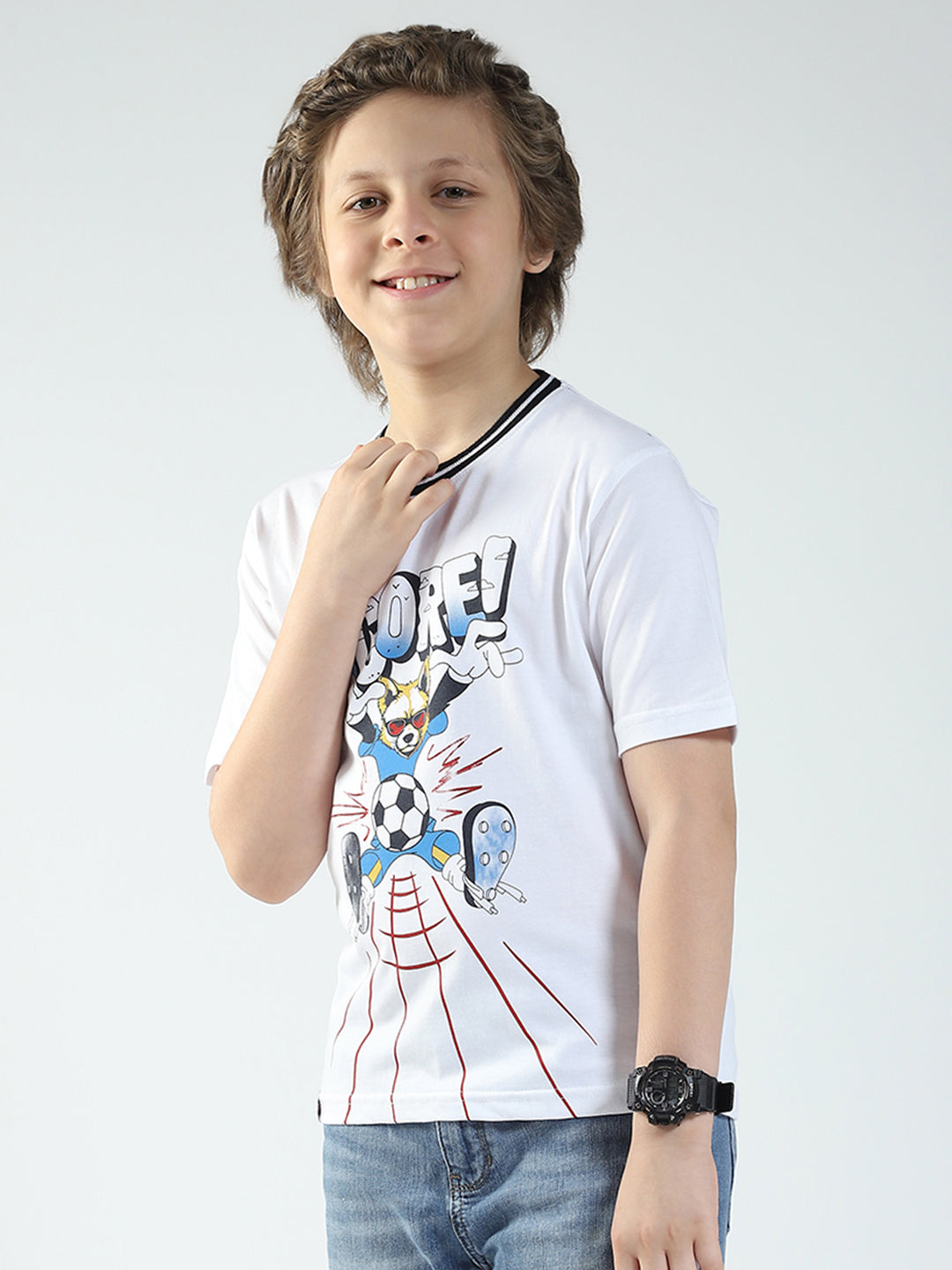 Boys White Printed Round Neck Half Sleeve T-Shirt