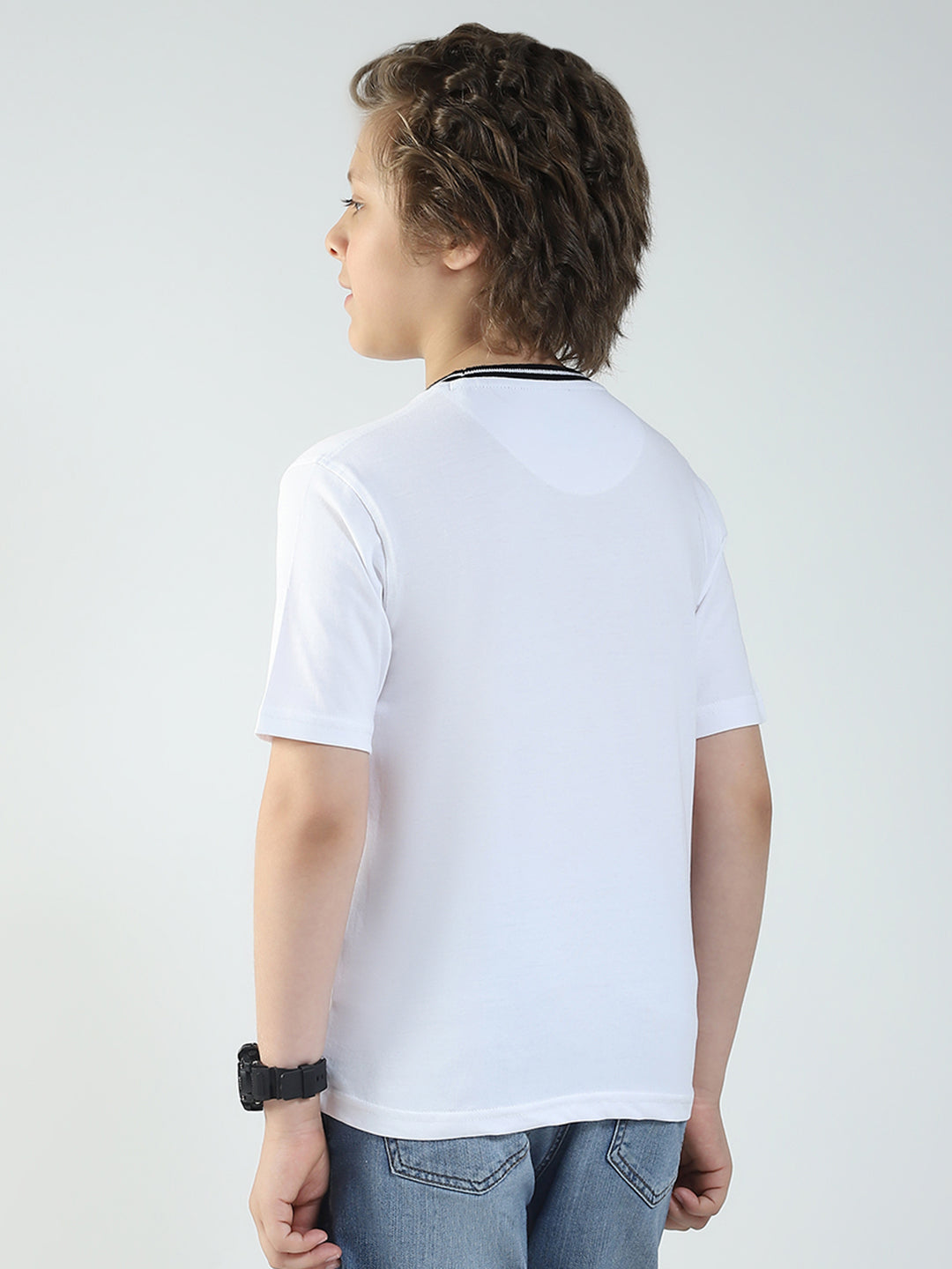 Boys White Printed Round Neck Half Sleeve T-Shirt
