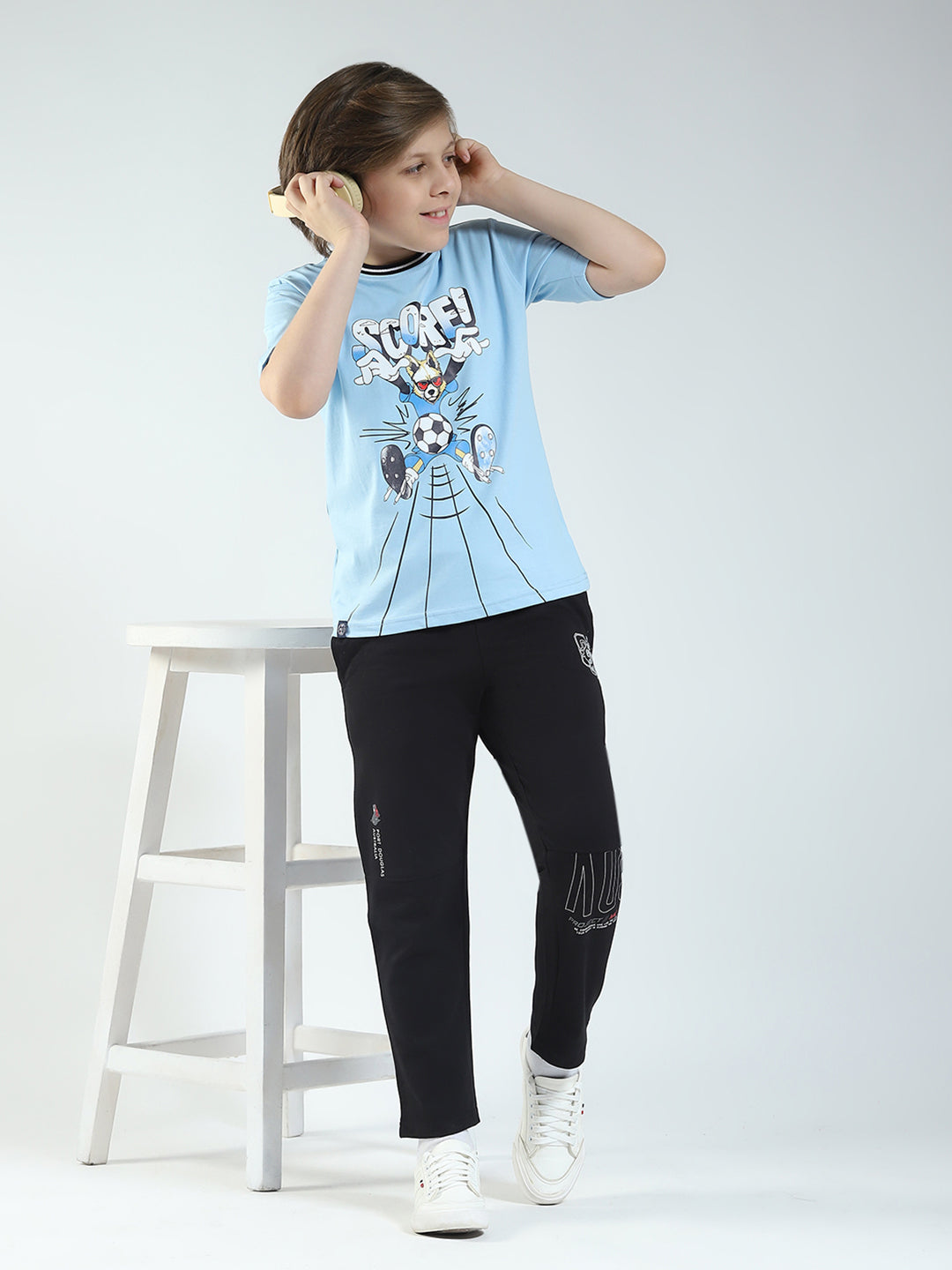 Boys Blue Printed Round Neck Half Sleeve T-Shirt