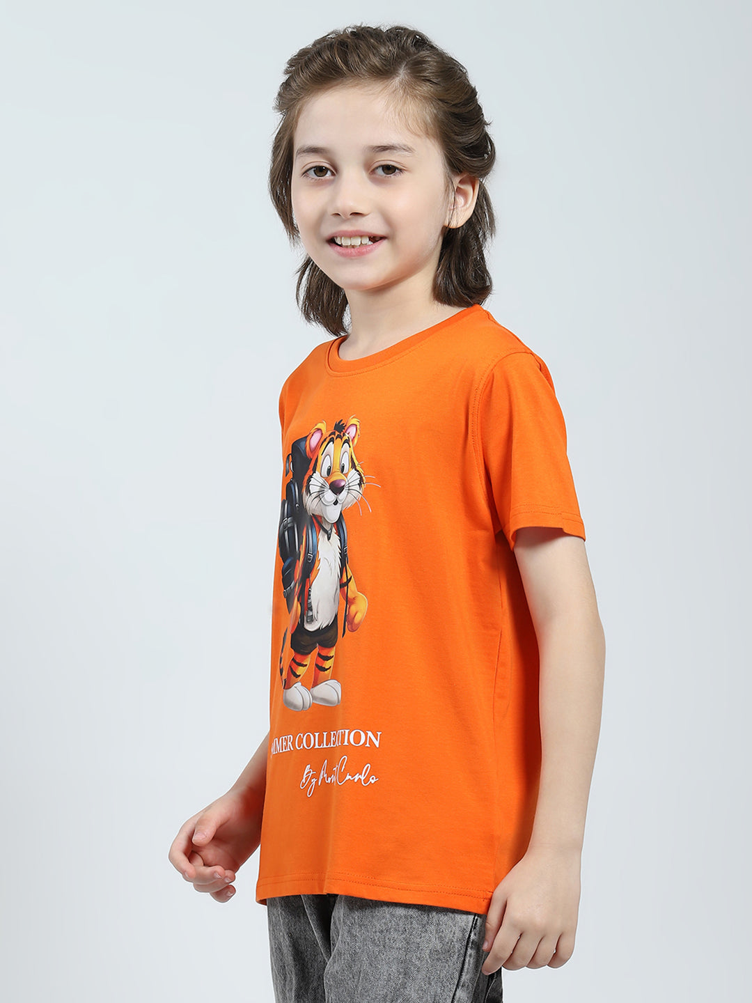 Boys Orange Printed Round Neck Half Sleeve T-Shirt