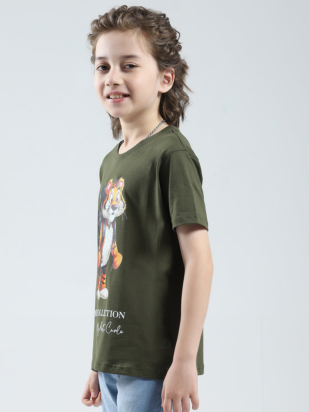 Boys Olive Printed Round Neck Half Sleeve T-Shirt