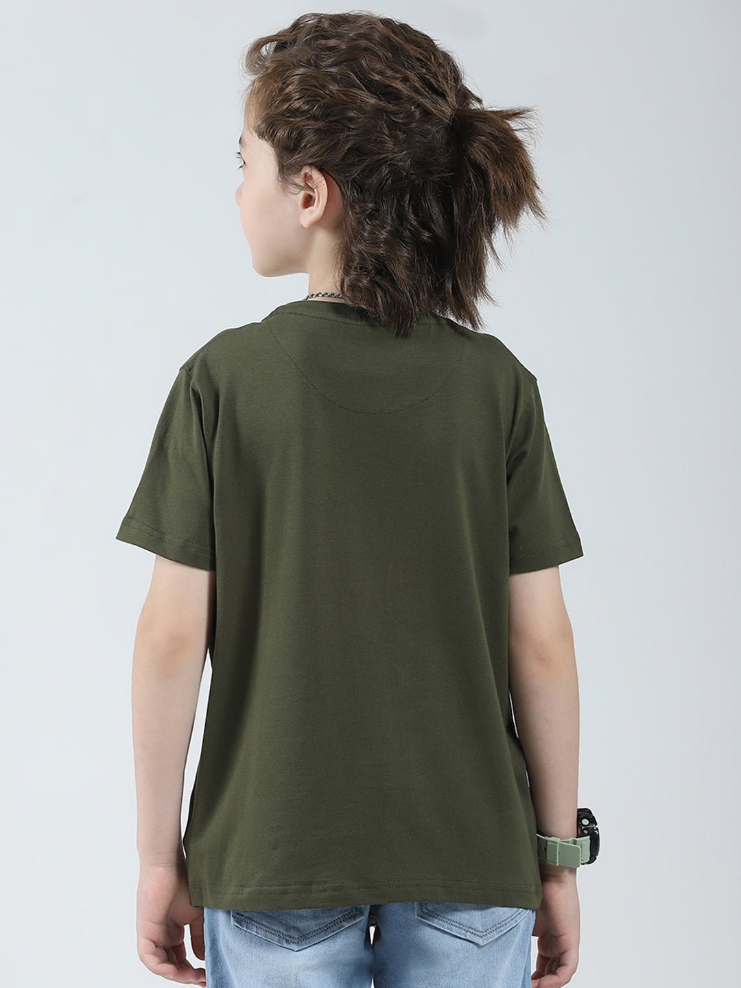 Boys Olive Printed Round Neck Half Sleeve T-Shirt