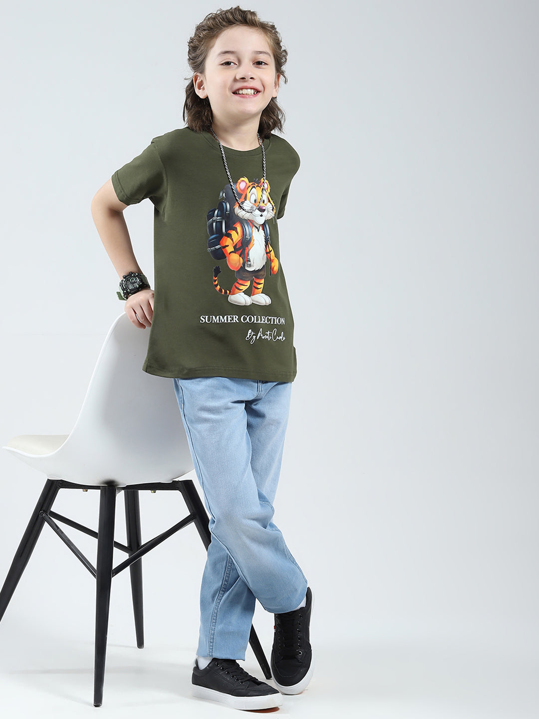 Boys Olive Printed Round Neck Half Sleeve T-Shirt