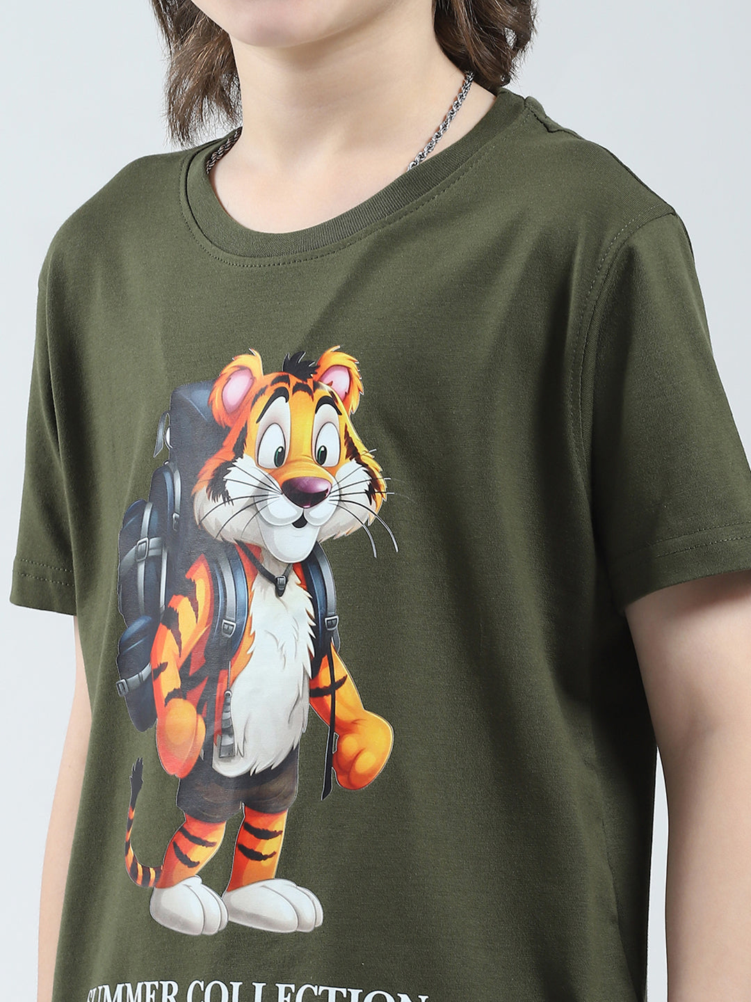 Boys Olive Printed Round Neck Half Sleeve T-Shirt