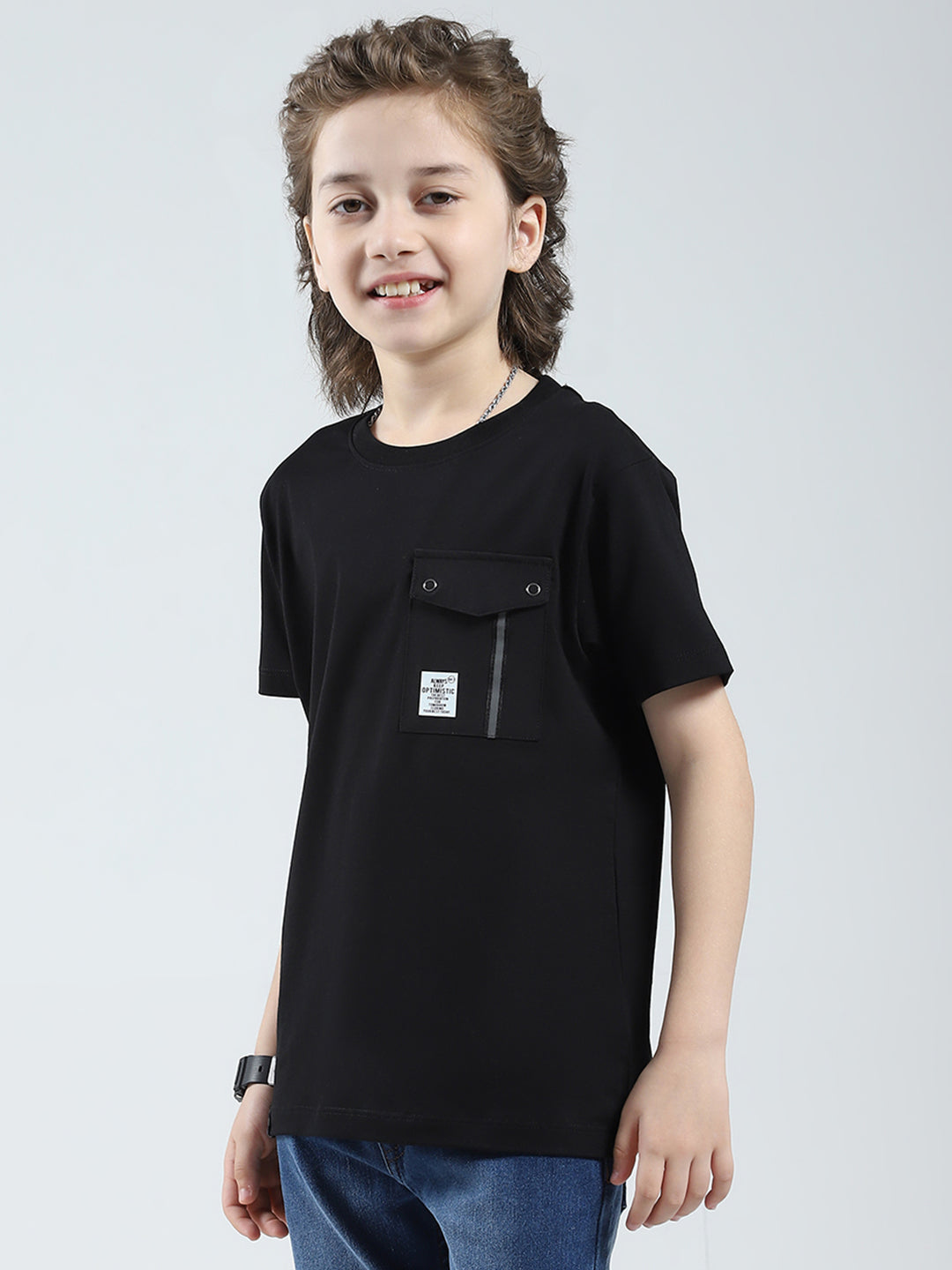 Boys Black Solid Round Neck Half Sleeve T-Shirt