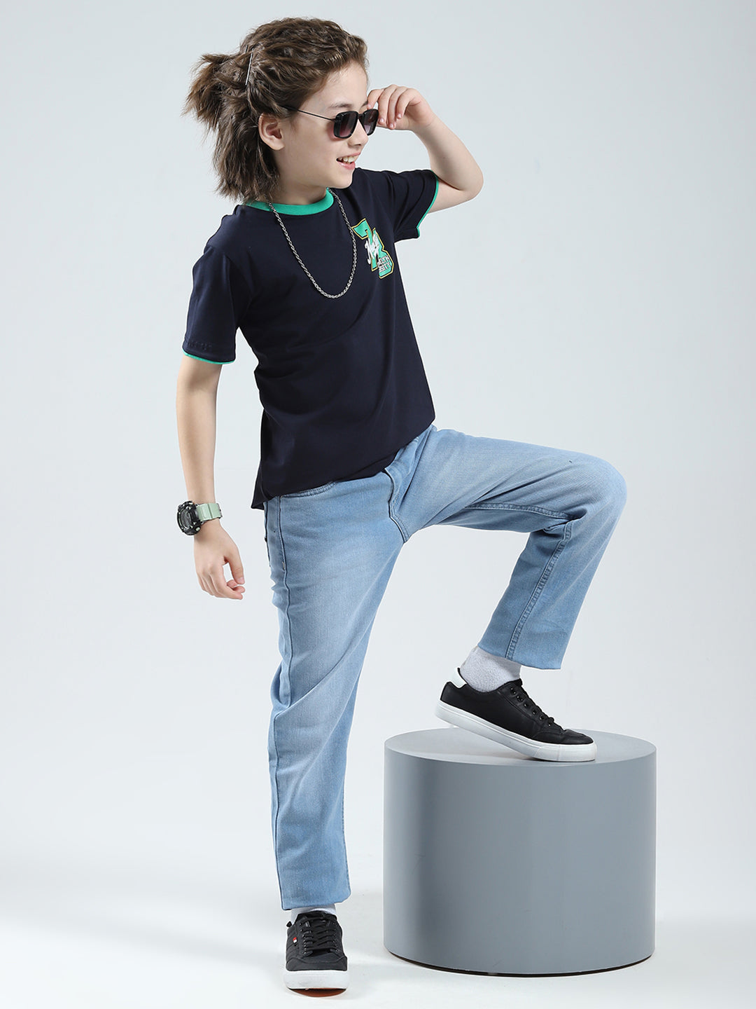 Boys Navy Blue Solid Round Neck Half Sleeve T-Shirt