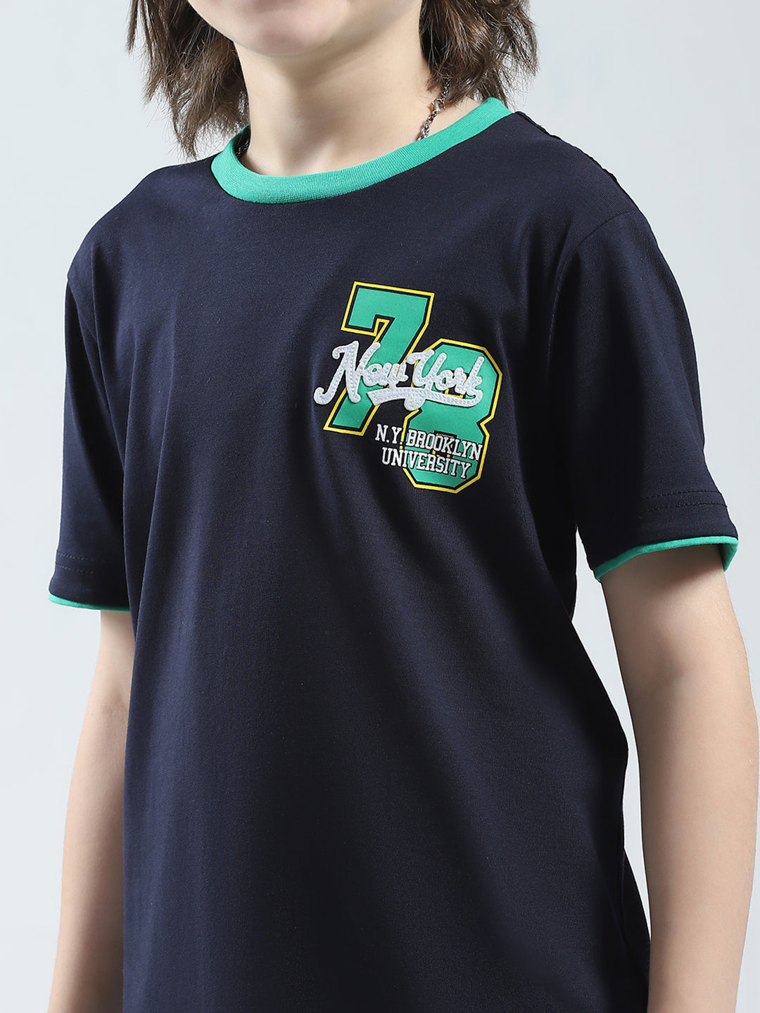 Boys Navy Blue Solid Round Neck Half Sleeve T-Shirt