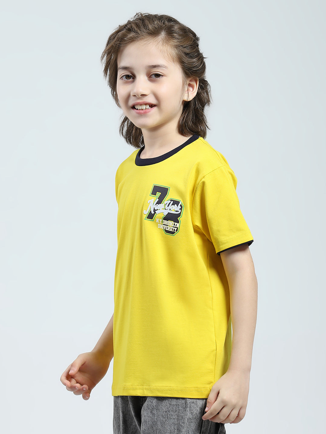 Boys Yellow Printed Round Neck Half Sleeve T-Shirt