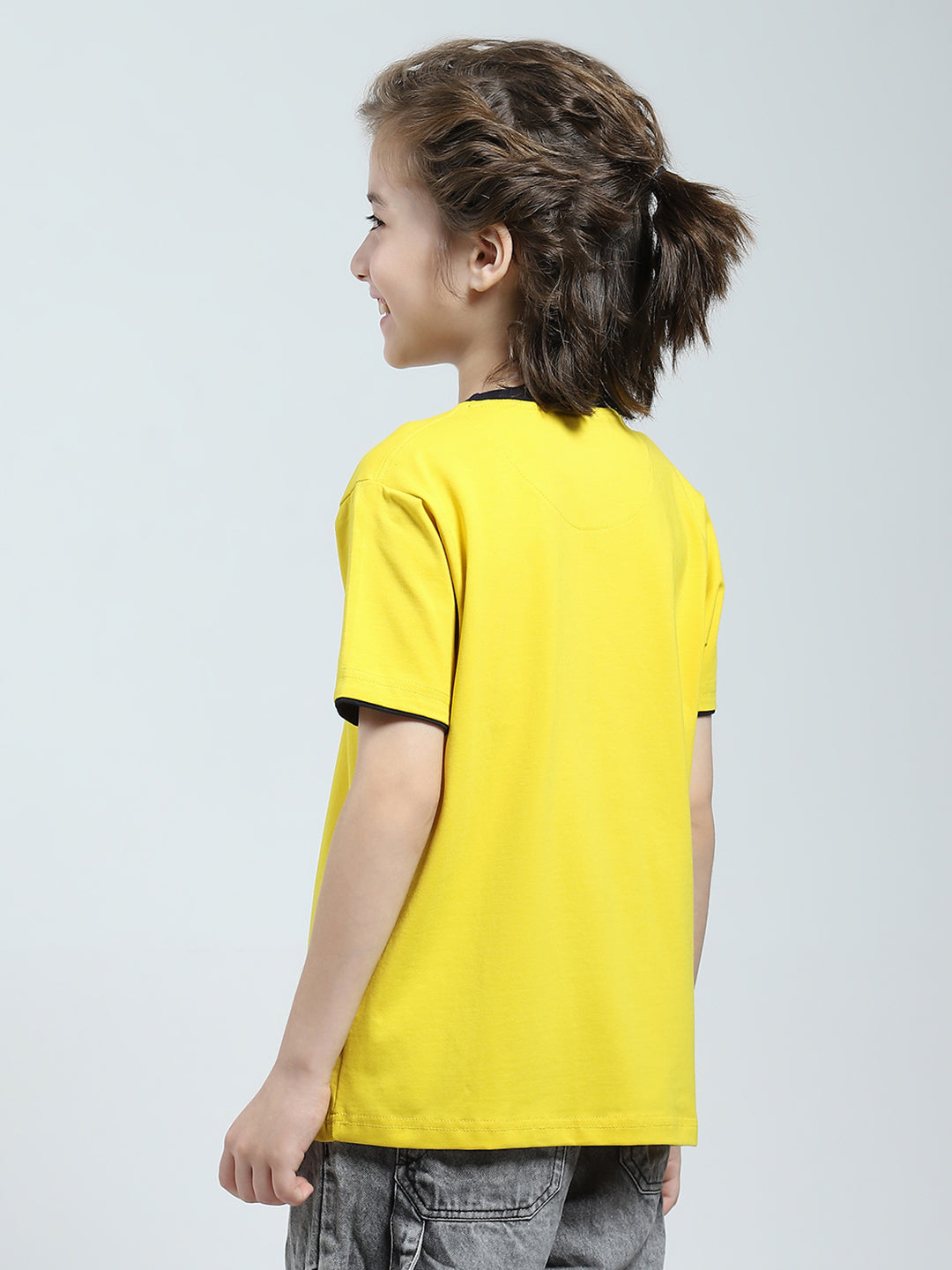 Boys Yellow Printed Round Neck Half Sleeve T-Shirt