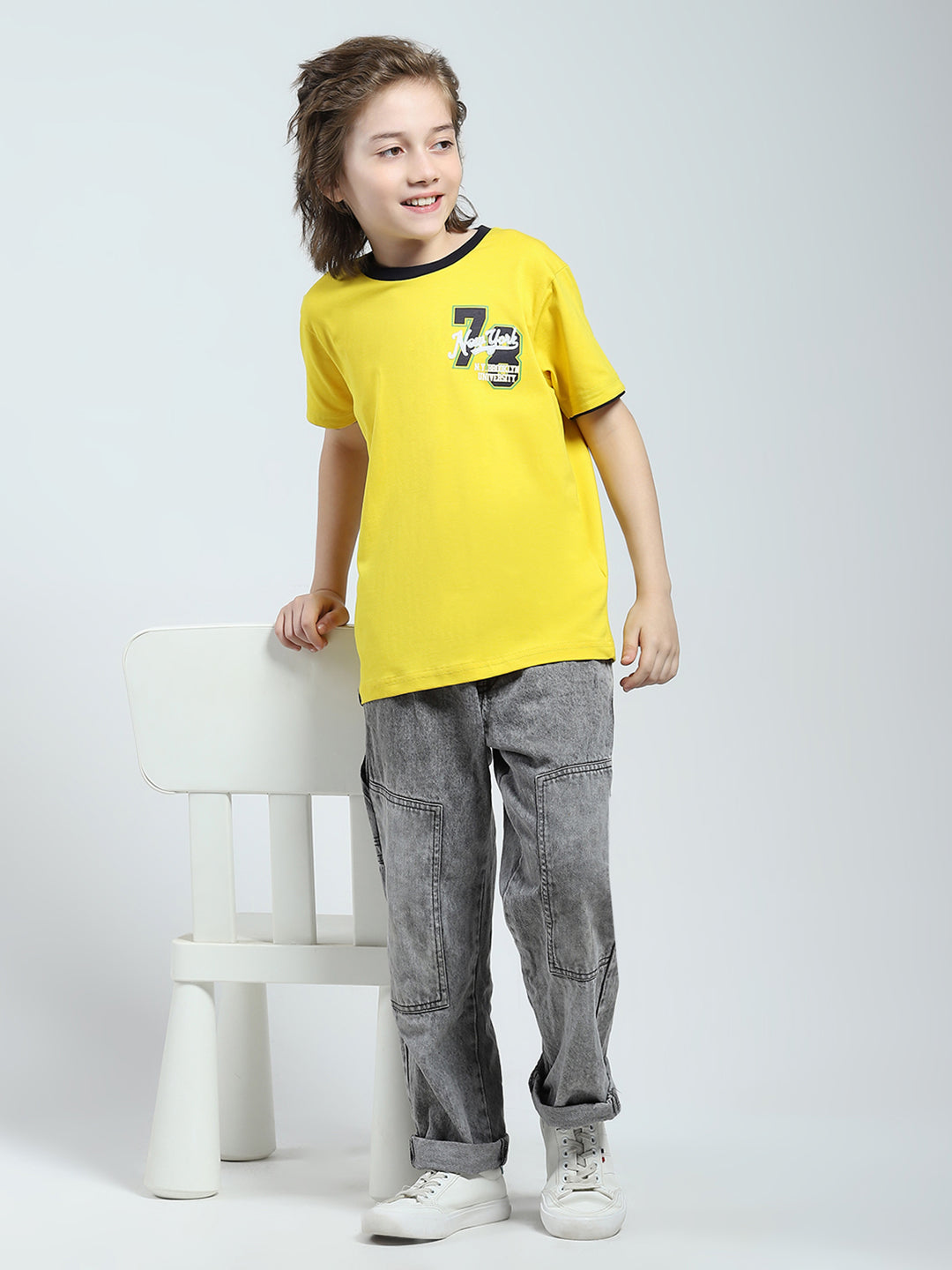Boys Yellow Printed Round Neck Half Sleeve T-Shirt