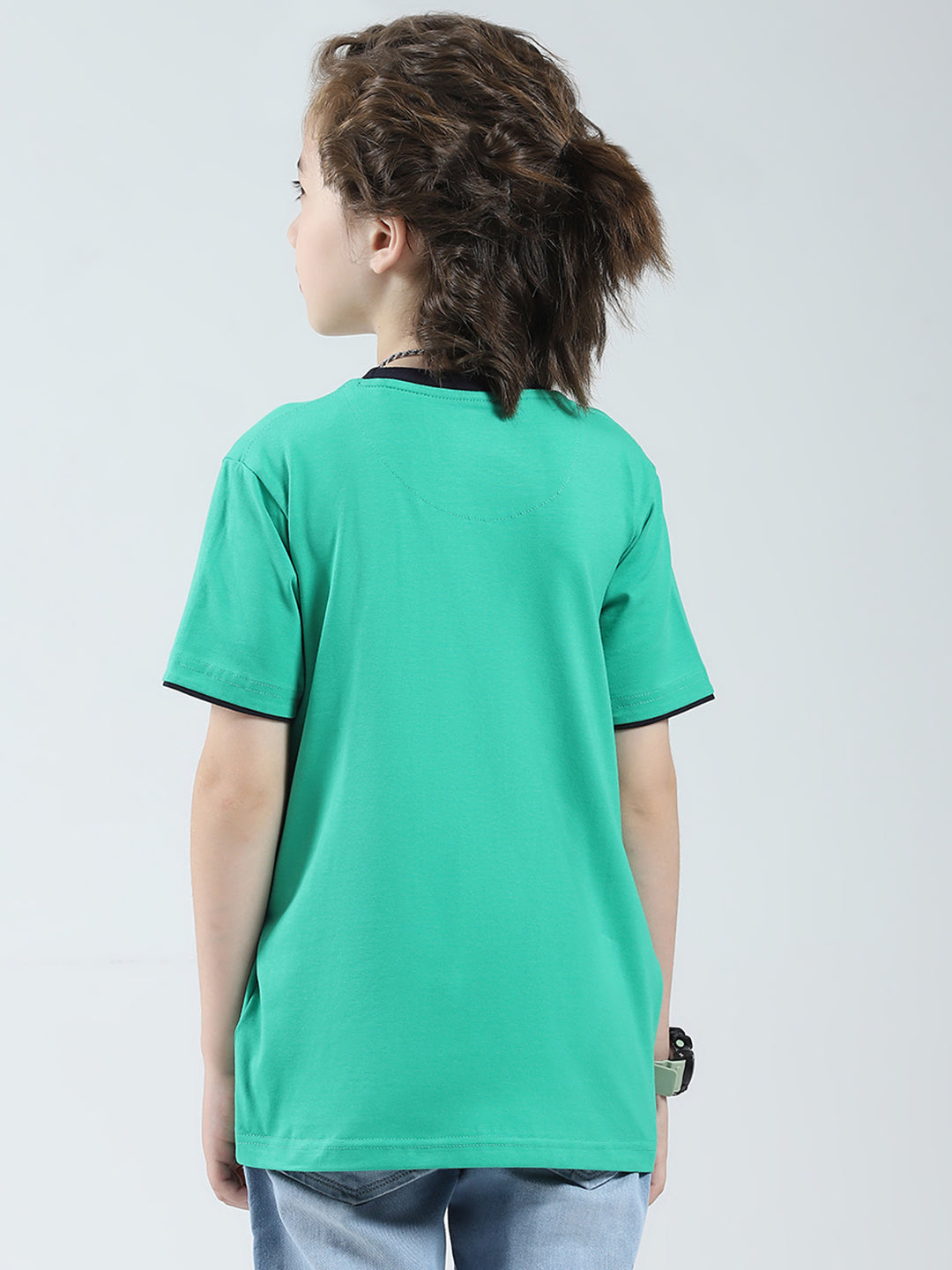 Boys Green Solid Round Neck Half Sleeve T-Shirt