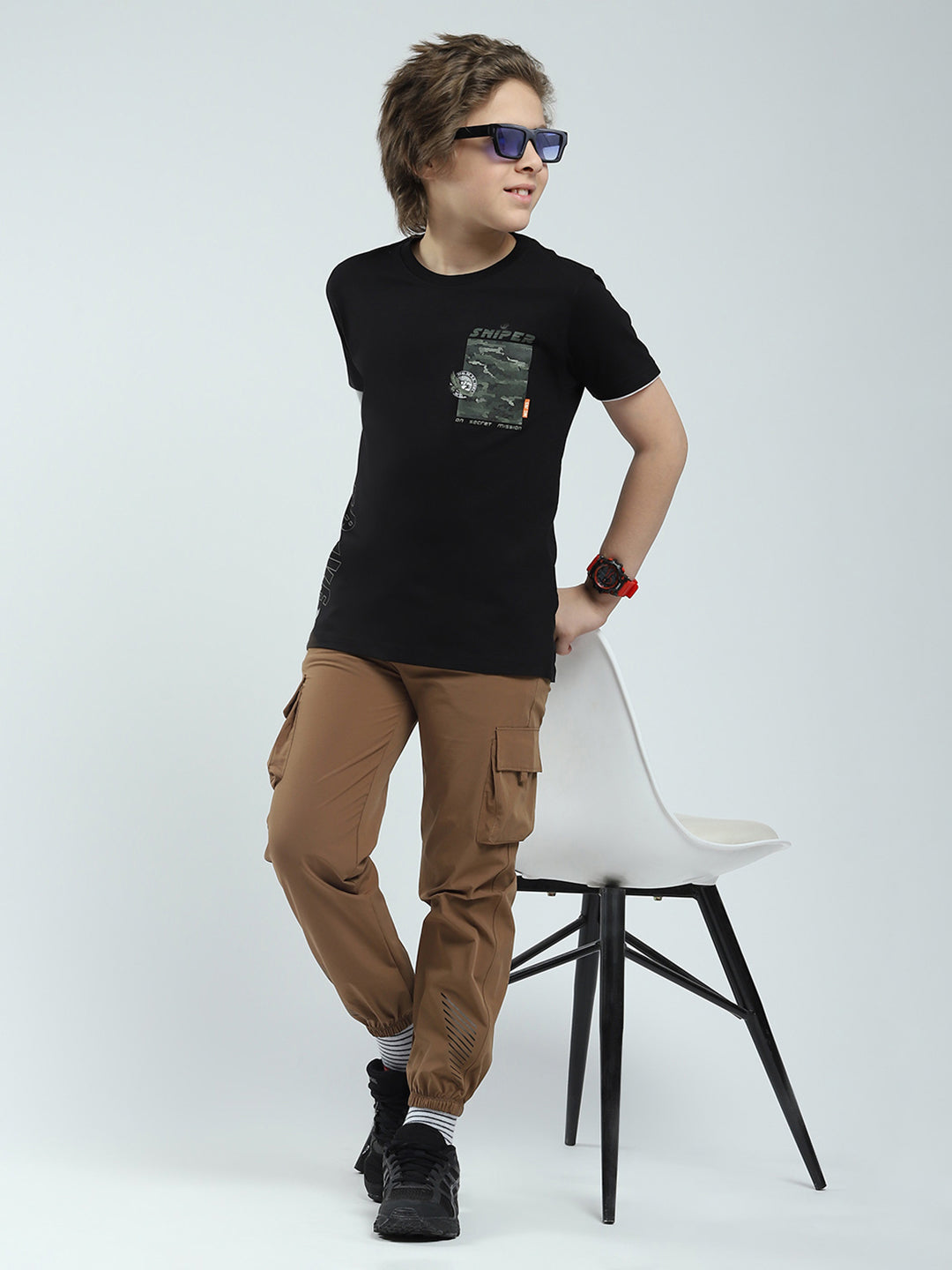 Boys Black Printed Round Neck Half Sleeve T-Shirt