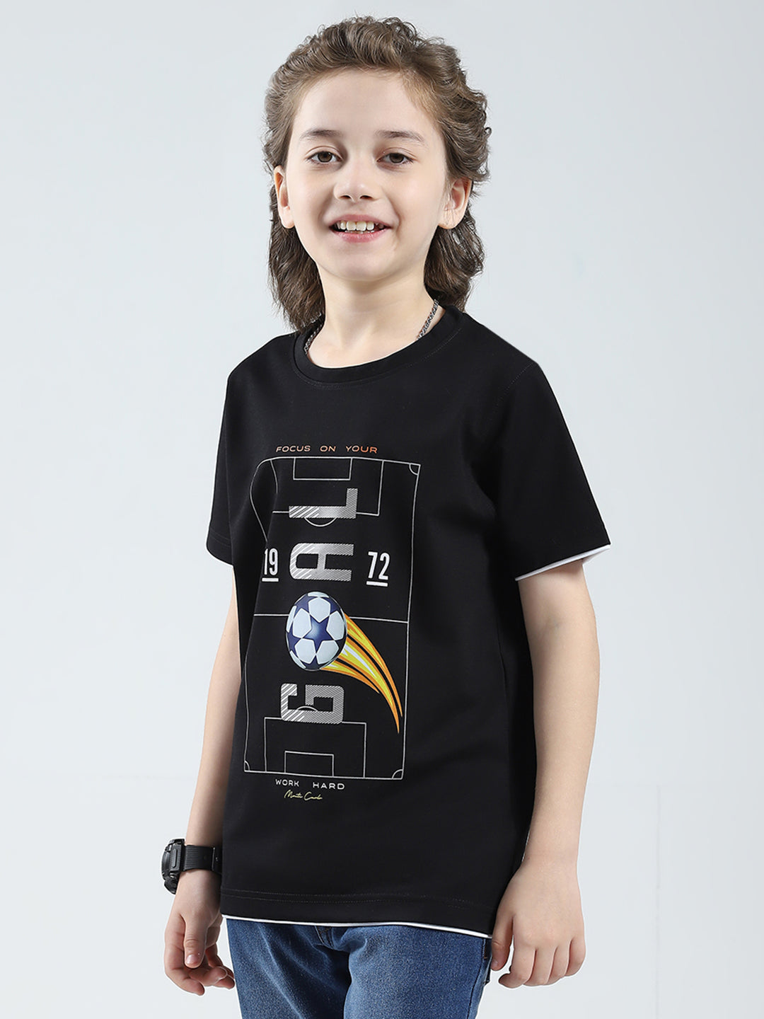 Boys Black Printed Round Neck Half Sleeve T-Shirt