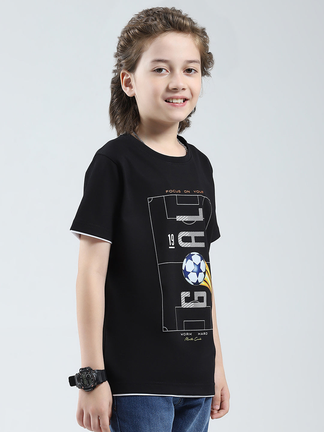 Boys Black Printed Round Neck Half Sleeve T-Shirt