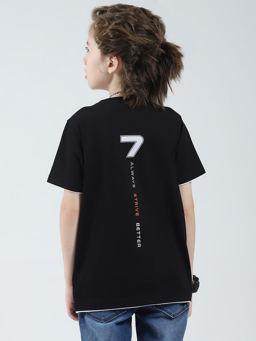 Boys Black Printed Round Neck Half Sleeve T-Shirt