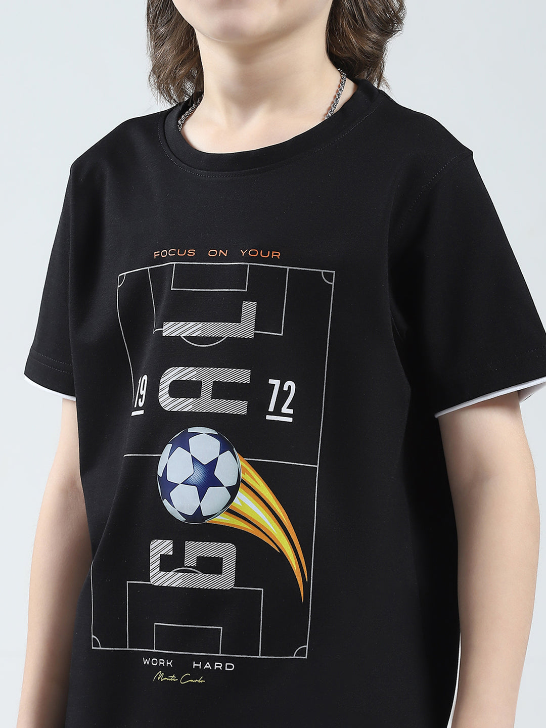 Boys Black Printed Round Neck Half Sleeve T-Shirt
