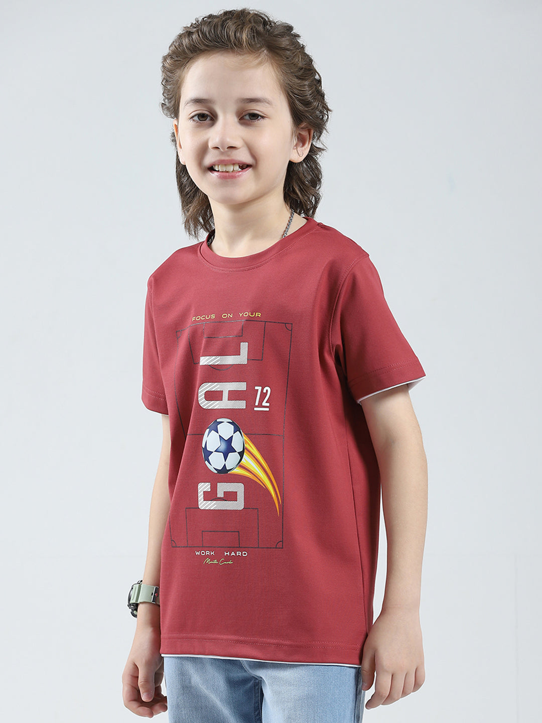 Boys Pink Printed Round Neck Half Sleeve T-Shirt