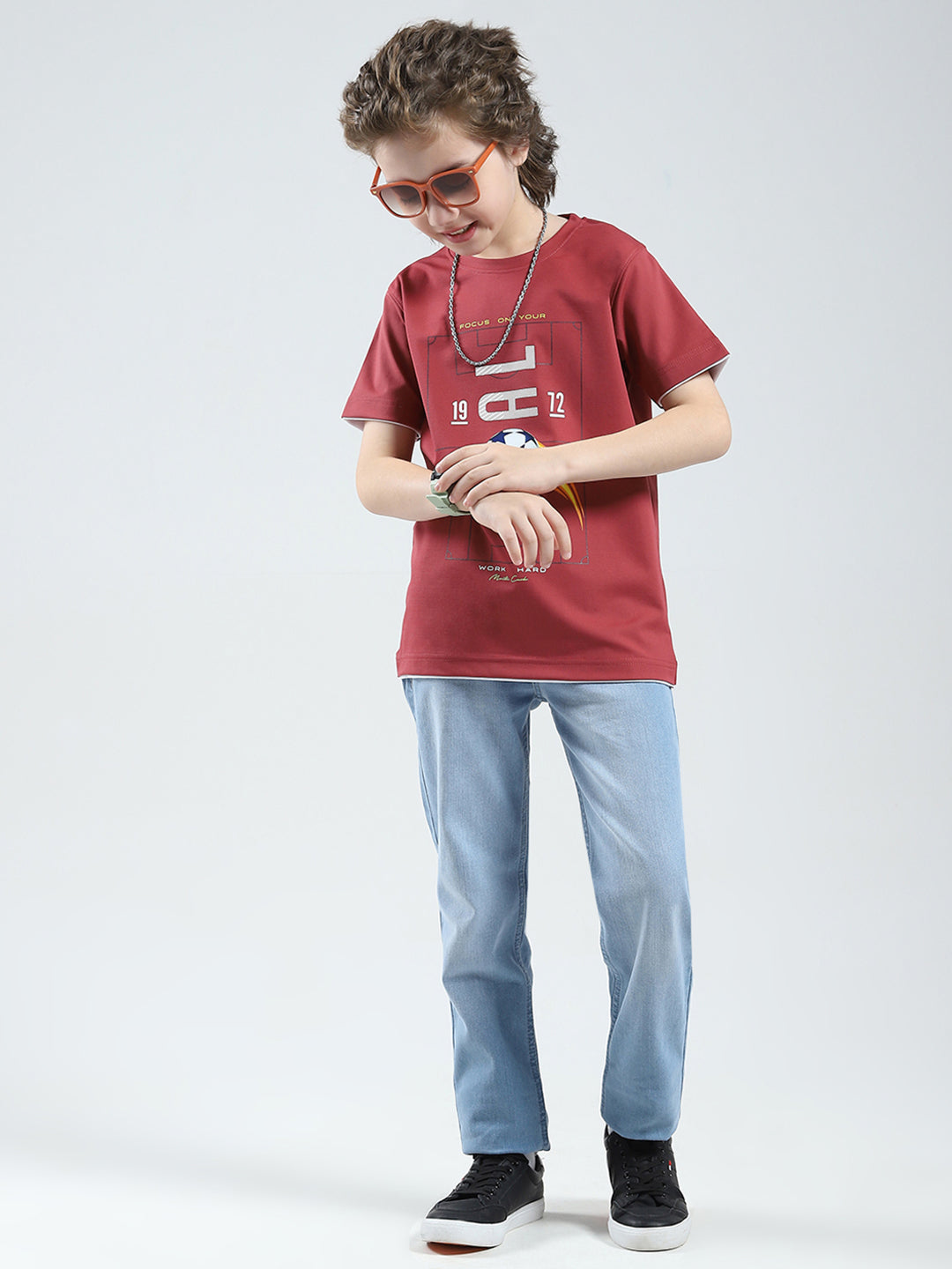 Boys Pink Printed Round Neck Half Sleeve T-Shirt