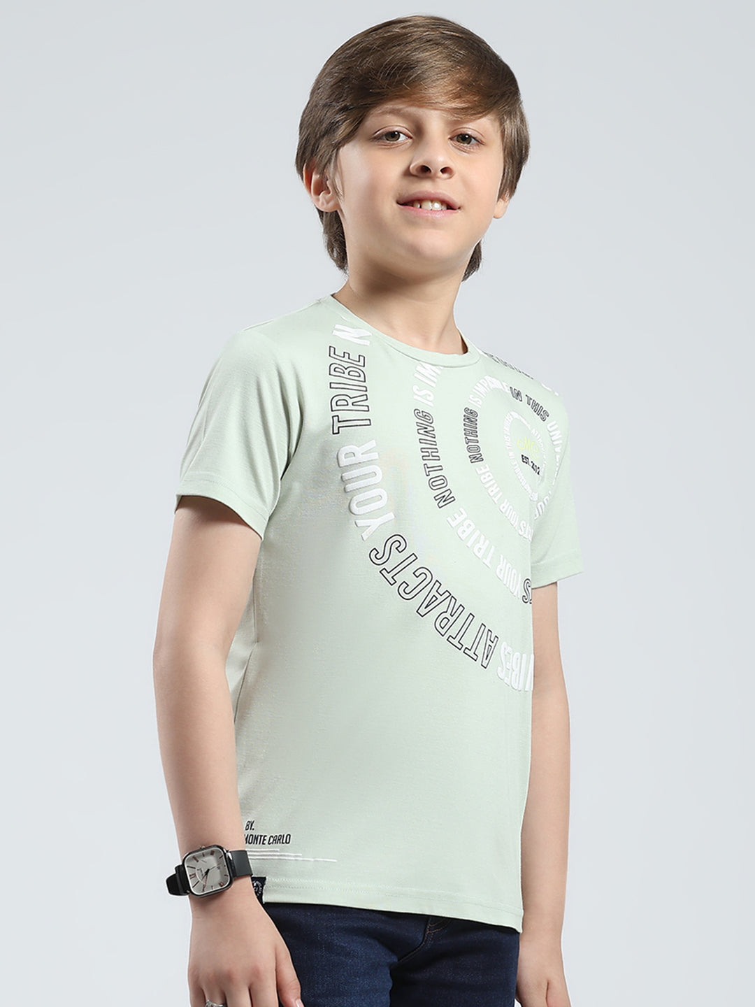 Boys Green Printed Round Neck Half Sleeve T-Shirt