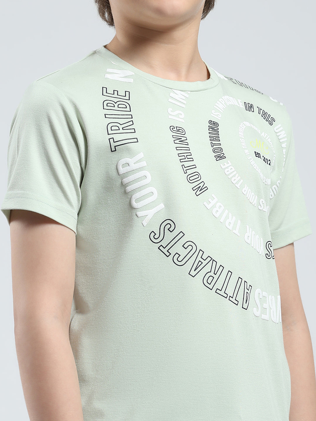 Boys Green Printed Round Neck Half Sleeve T-Shirt