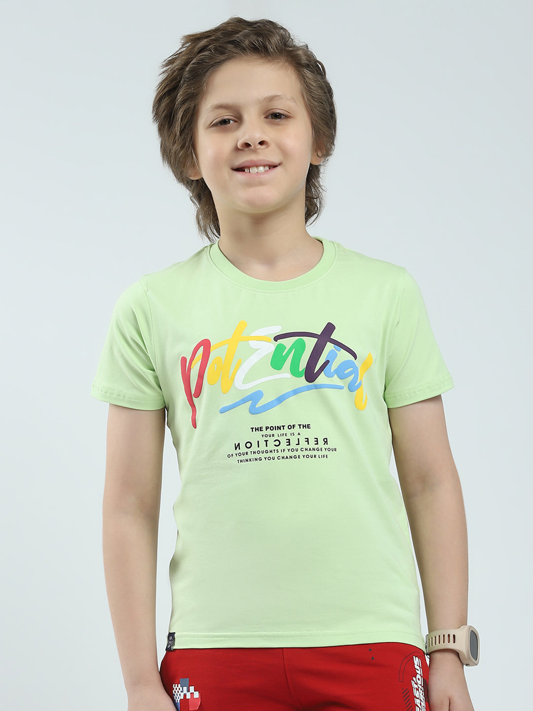 Boys Green Printed Round Neck Half Sleeve T-Shirt
