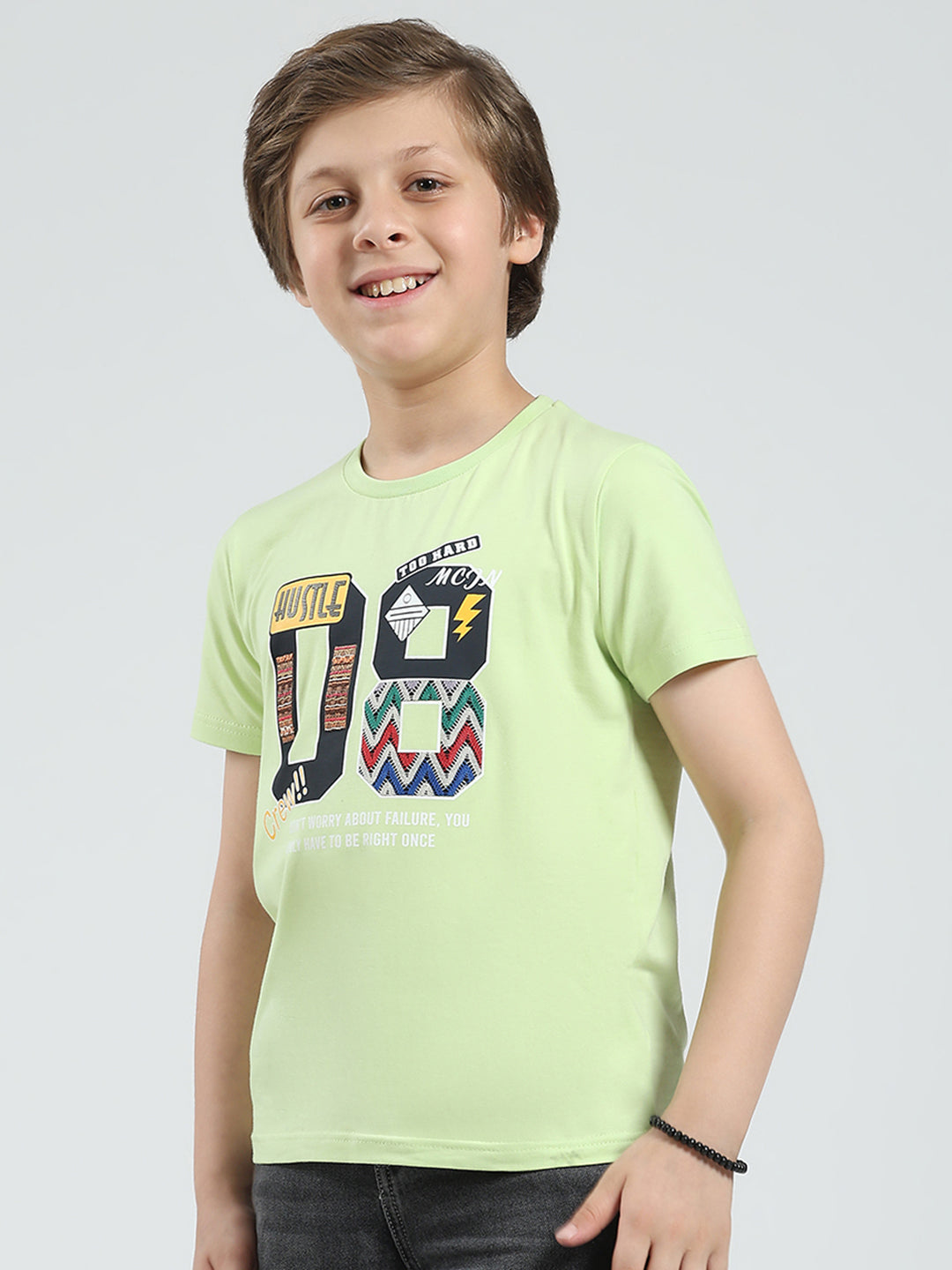 Boys Green Printed Round Neck Half Sleeve T-Shirt
