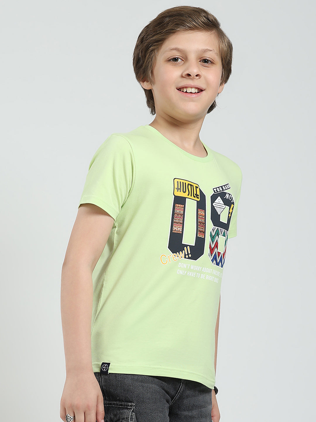 Boys Green Printed Round Neck Half Sleeve T-Shirt