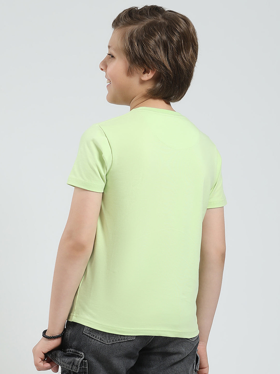 Boys Green Printed Round Neck Half Sleeve T-Shirt
