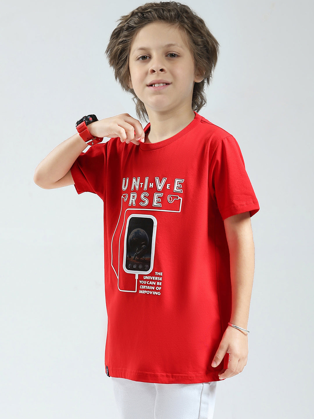 Boys Red Printed Round Neck Half Sleeve T-Shirt
