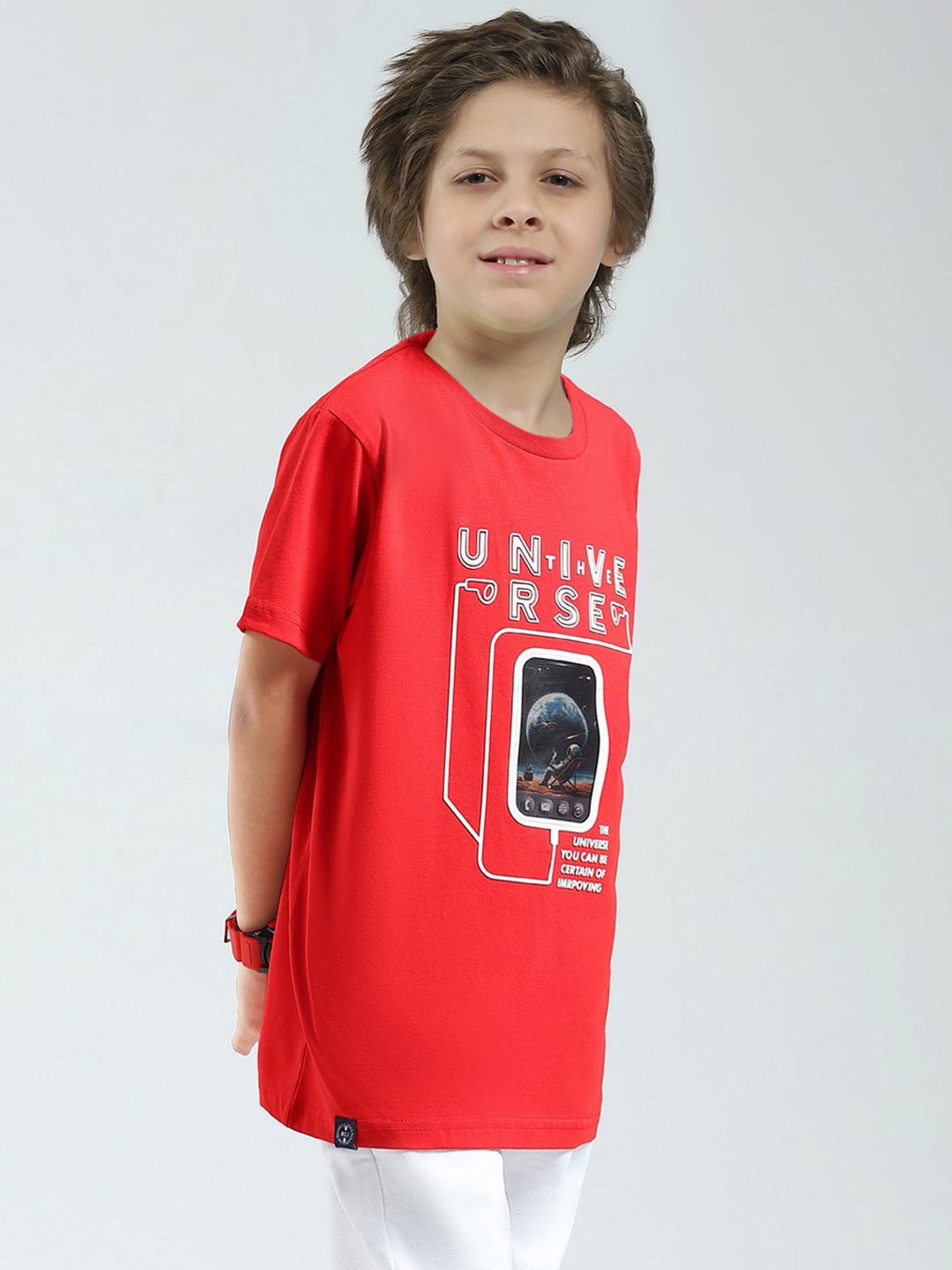 Boys Red Printed Round Neck Half Sleeve T-Shirt
