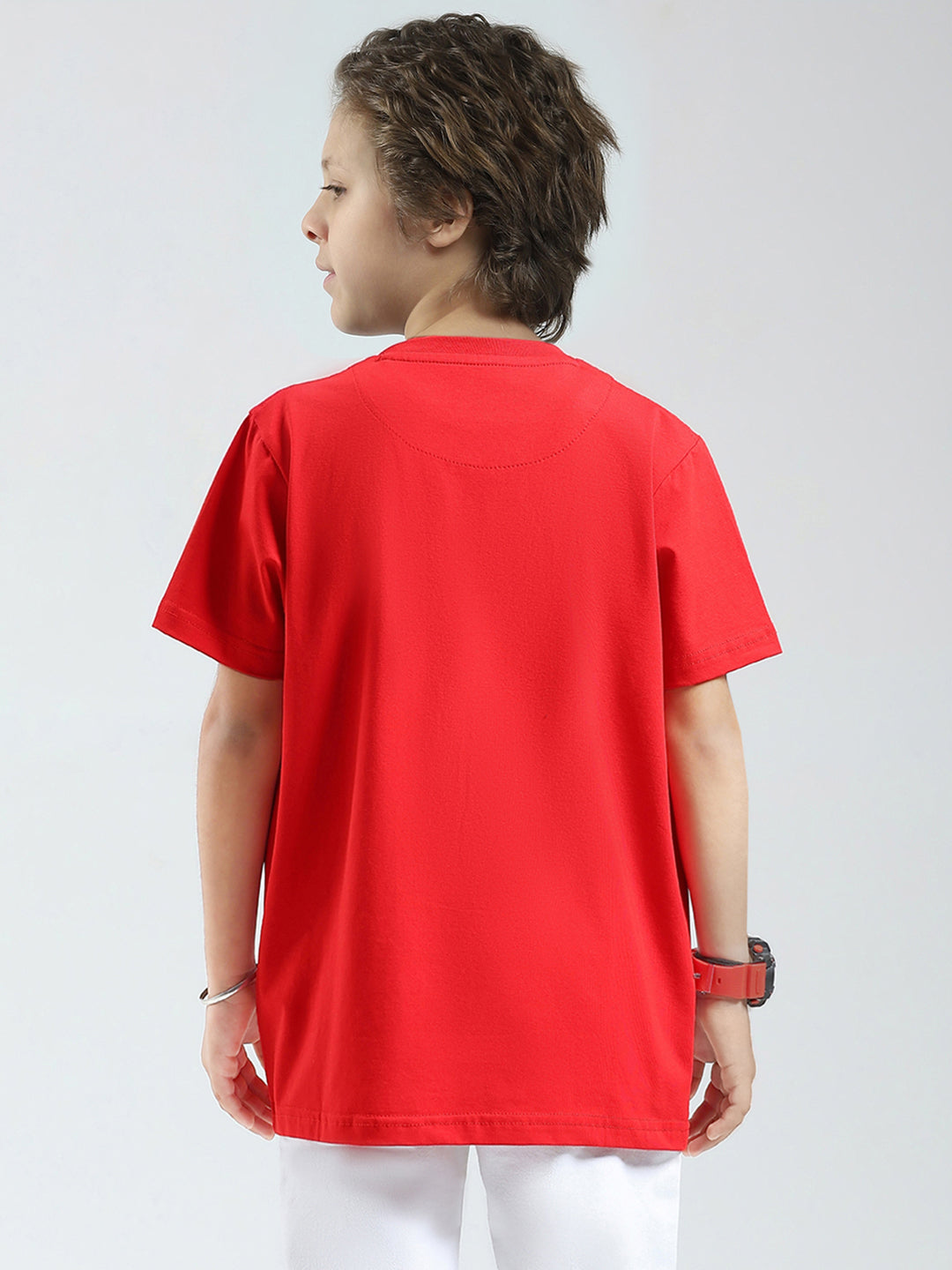 Boys Red Printed Round Neck Half Sleeve T-Shirt