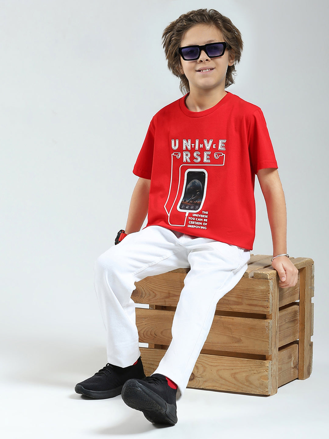 Boys Red Printed Round Neck Half Sleeve T-Shirt