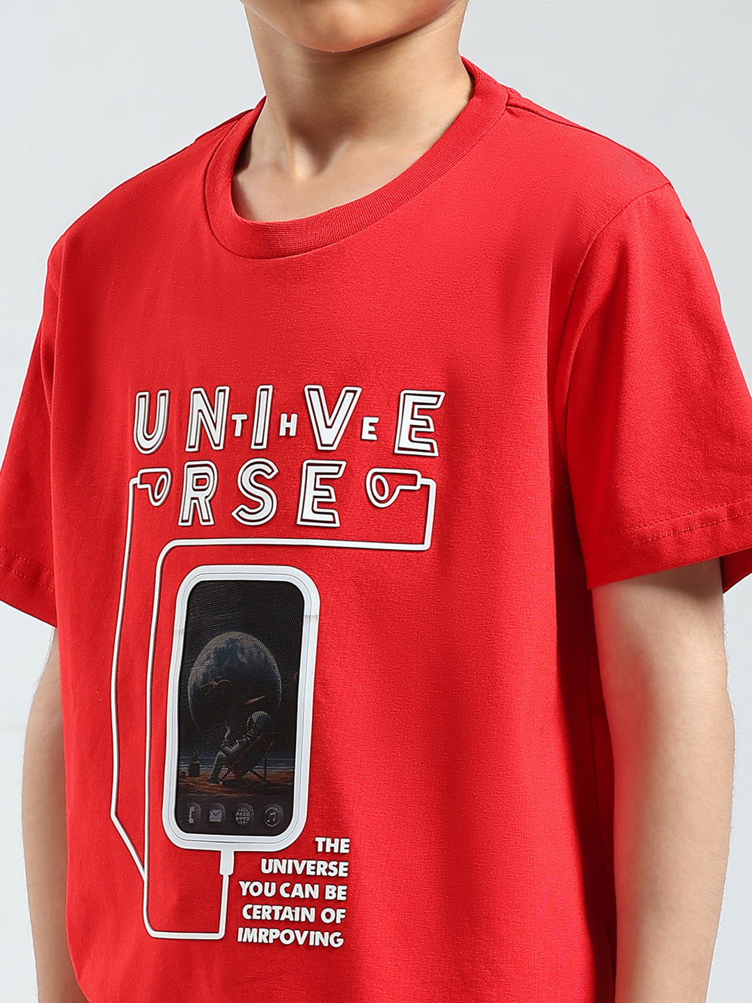 Boys Red Printed Round Neck Half Sleeve T-Shirt