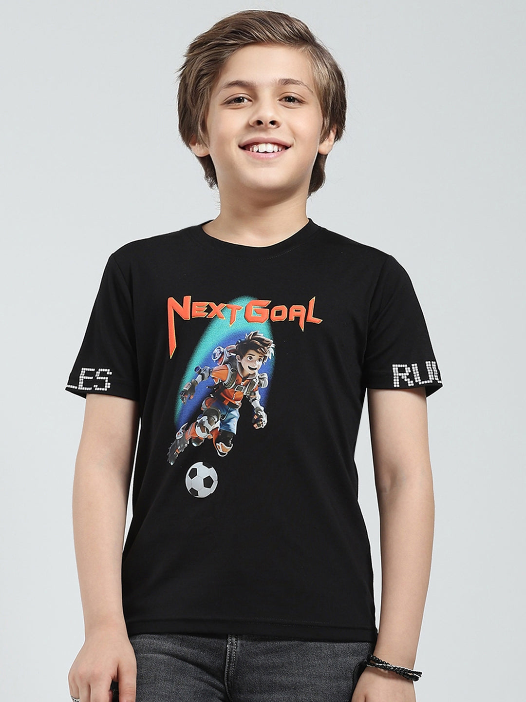 Boys Black Printed Round Neck Half Sleeve T-Shirt